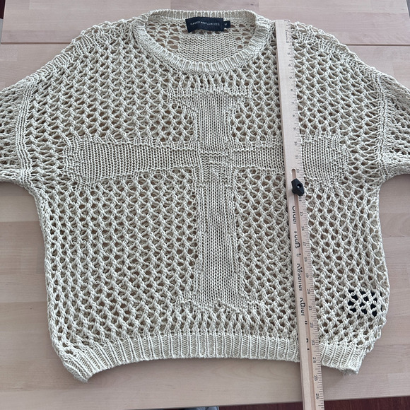 Racer Worldwide Cross Net Sweater Womens Medium Beige Cream Crochet Open Knit - Picture 12 of 13